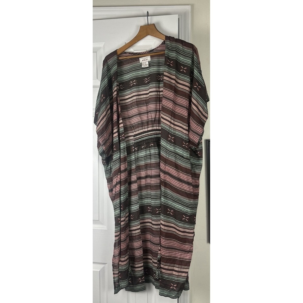 Ariat Duster Womens Medium Brown Pink Green Striped Picture Perfect Kimono Modal